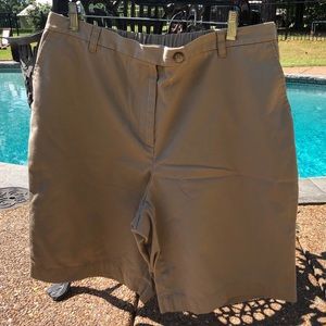 Lands’ End khaki long shorts, elastic waistband.